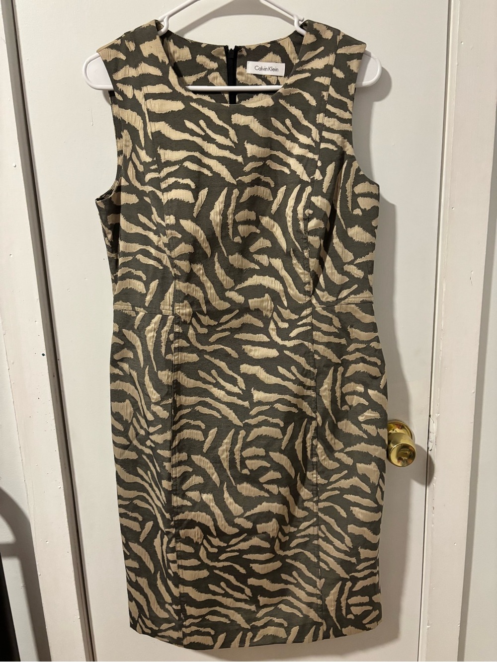 Calvin Klein Olive and Cream Zebra-Print Midi Sheath Dress
